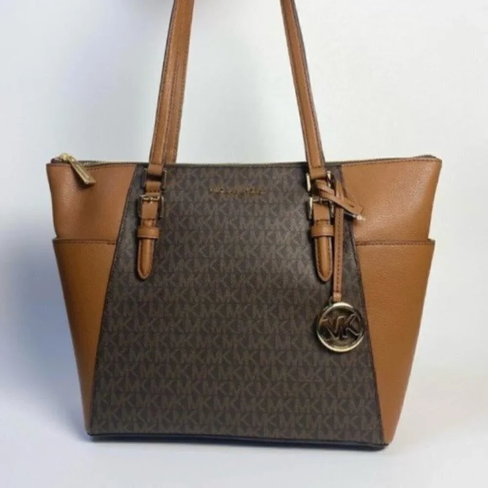 Michael Kors Charlotte Large Logo Top-Zip Tote Carryall Bag in Brown - Picture 6 of 14